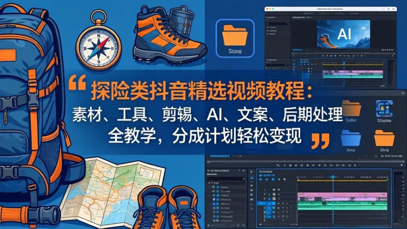 探险类抖音精选视频教程：素材、工具、剪辑、AI、文案、后期处理全教学，分成计划轻松变现-初遇资源网