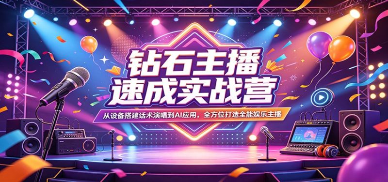 钻石主播速成实战营：从设备搭建话术演唱到AI应用，全方位打造全能娱乐主播-初遇资源网