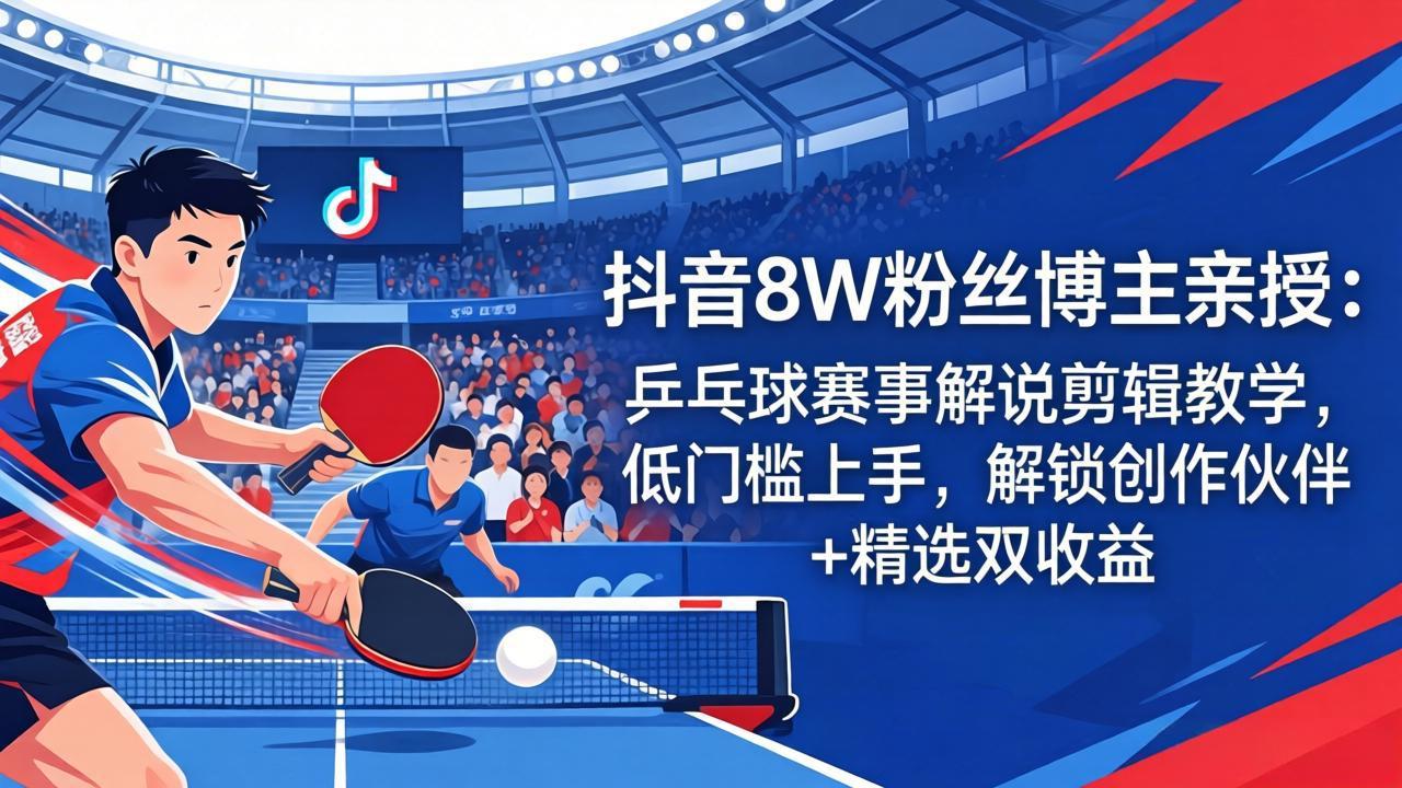 【中创网】抖音8W粉丝博主亲授：乒乓球赛事解说剪辑教学，低门槛上手，解锁创作伙伴+精选双收益 - 初遇资源网