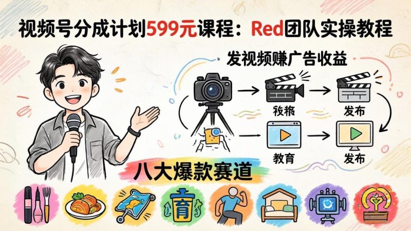 视频号分成计划599元课程：Red团队实操教程，发视频赚广告收益，八大爆款赛道全掌握-初遇资源网