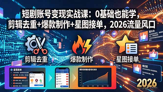 短剧账号变现实战课：0基础也能学，剪辑去重+爆款制作+星图接单，2026流量风口-初遇资源网