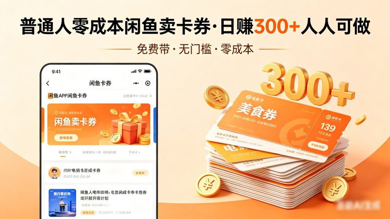 普通人必看！零成本闲鱼卖卡券，免费带，日赚300+人人可做-初遇资源网