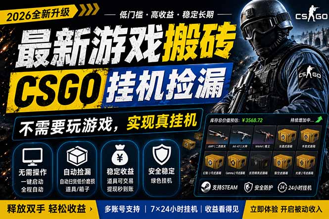 最新游戏搬砖，CSGO纯挂机，不需要玩游戏，实现真挂机，月入1W+，五一小高峰上车可吃肉，…-初遇资源网