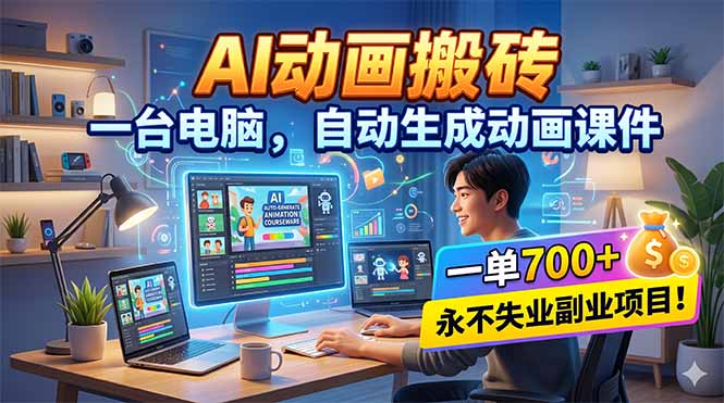 AI动画搬砖，一台电脑，自动生成动画课件，一单800+  永不失业副业项目！-初遇资源网