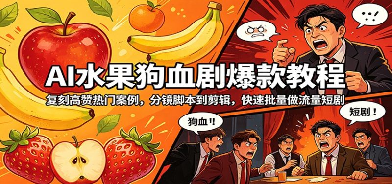 AI水果狗血剧爆款教程:复刻高赞热门案例,分镜脚本到剪辑,快速批量做流量短剧-初遇资源网