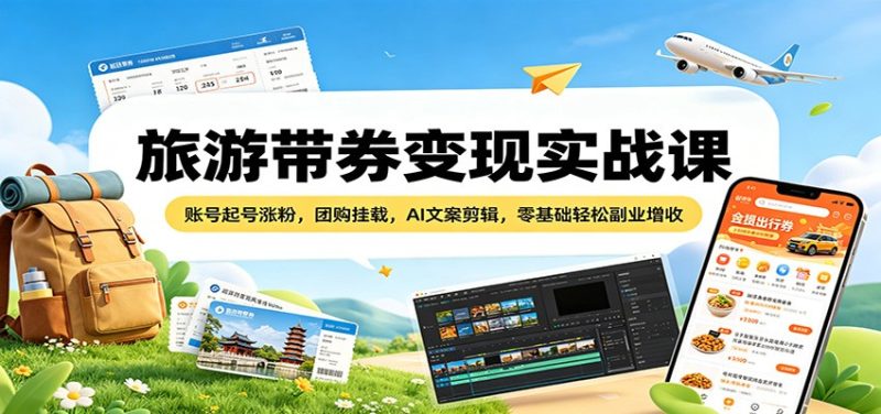 旅游带券变现实战课：账号起号涨粉，团购挂载，AI文案剪辑，零基础轻松副业增收-初遇资源网