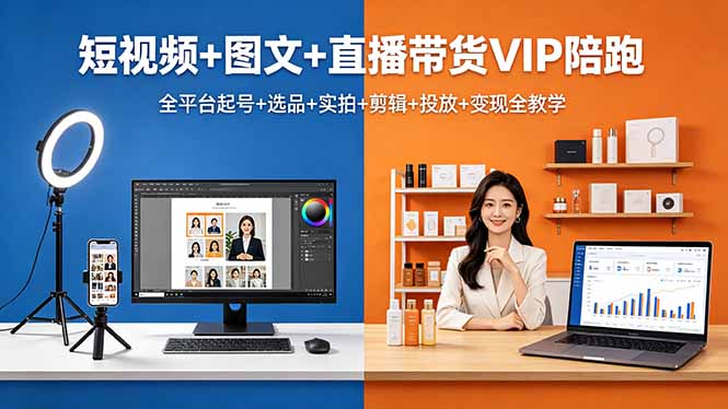 短视频+图文+直播带货VIP陪跑,全平台起号+选品+实拍+剪辑+投放+变现全教学-初遇资源网