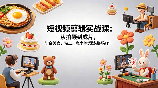 短视频剪辑实战课：从拍摄到成片，学会美食、粘土、魔术等类型视频制作-初遇资源网