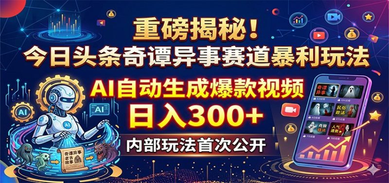 重磅揭秘！今日头条奇谭异事赛道暴利玩法：AI自动生成爆款视频，日入300+-初遇资源网