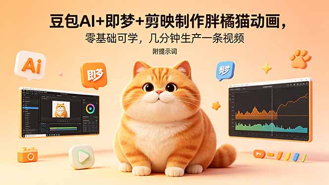 豆包AI+即梦+剪映制作胖橘猫动画,零基础可学,几分钟生产一条视频,附提示词-初遇资源网