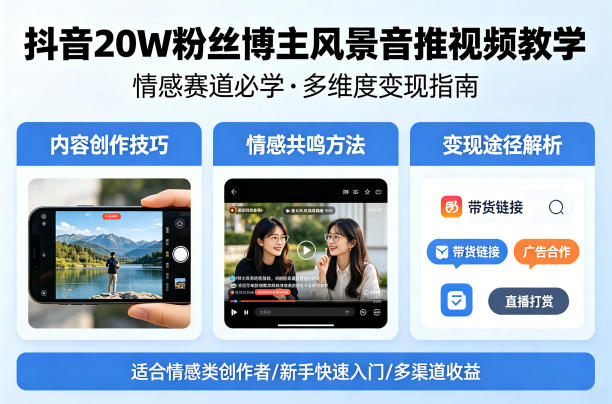 抖音20W粉丝博主风景音推视频教学，情感赛道必学，各种变现途径-初遇资源网
