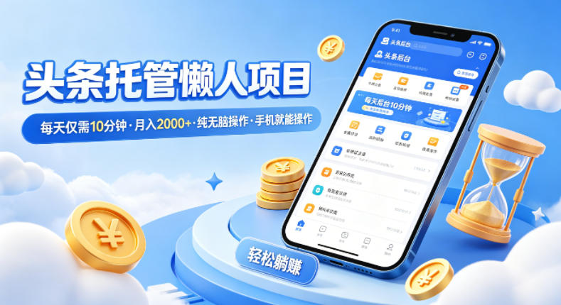 头条托管懒人项目，每天仅需10分钟，月入2000+，纯无脑操作，手机就能操作-初遇资源网