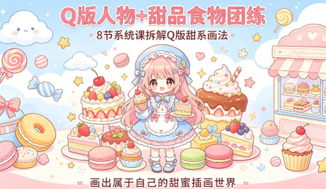 Q版人物+甜品食物团练,8节系统课拆解Q版甜系画法,画出属于自己的甜蜜插画世界-初遇资源网