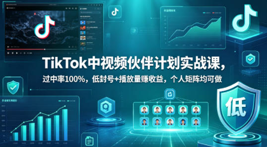 TikTok中视频伙伴计划实战课，过中率100%，低封号+播放量賺收益，个人矩阵均可做-初遇资源网