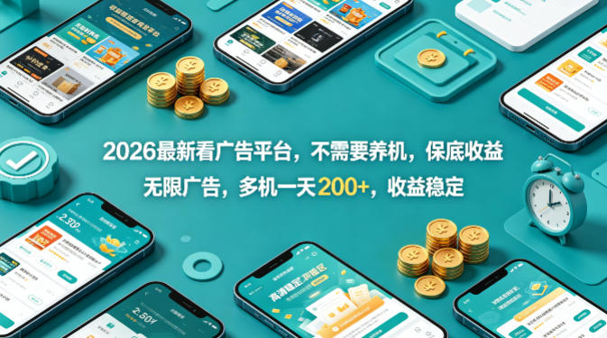2026最新看广告平台,不需要养机,保底收益,无限广告,多机一天200+,收益稳定-初遇资源网
