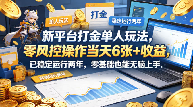 新平台打金单人玩法，零风控操作当天6张+收益，已稳定运行两年，零基础也能无脑上手-初遇资源网