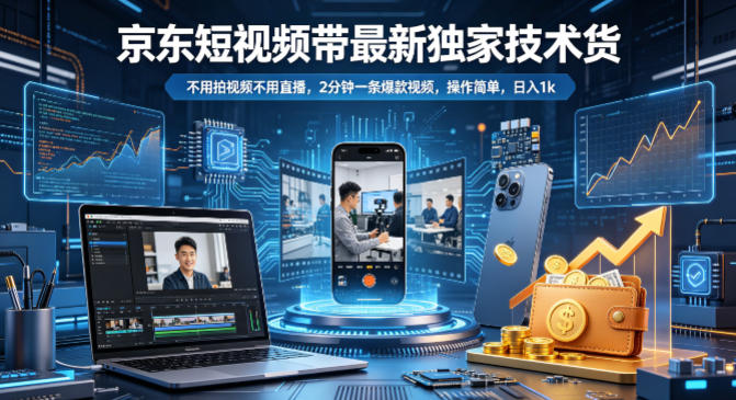 京东短视频带货最新独家技术,不用拍视频不用直播,2分钟一条爆款视频,操作简单,日入1k+-初遇资源网