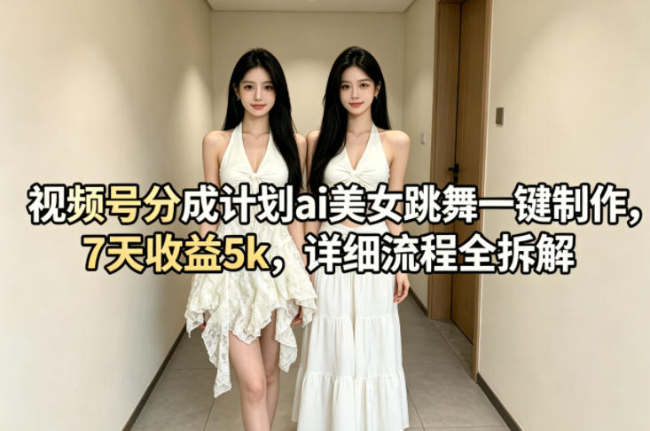 视频号分成计划ai美女跳舞一键制作，7天收益5k，详细流程全拆解-初遇资源网