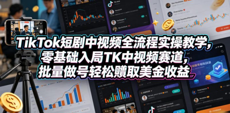 TikTok短剧中视频全流程实操教学,零基础入局TK中视频赛道,批量做号轻松賺取美金收益-初遇资源网