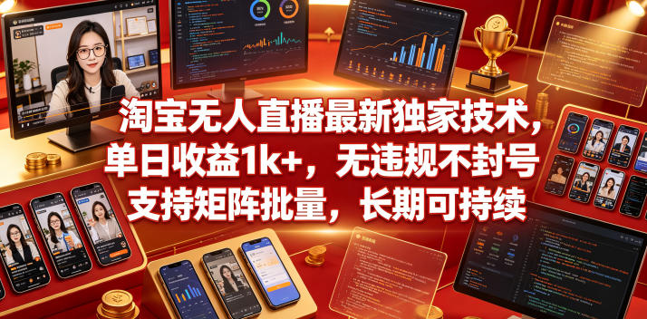 淘宝无人直播最新独家技术，单日收益1k+，无违规不封号，支持矩阵批量，长期可持续-初遇资源网
