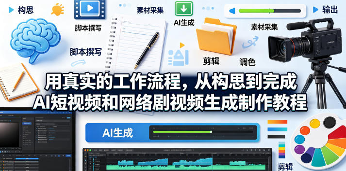 用真实的工作流程,从构思到完成AI短视频和网络剧视频生成制作教程-中英字幕-初遇资源网