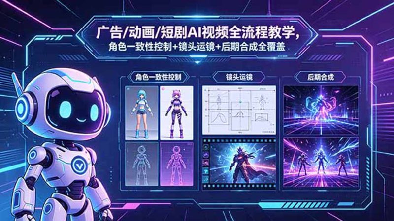 广告/动画/短剧AI视频全流程教学,角色一致性控制+镜头运镜+后期合成全覆盖-初遇资源网