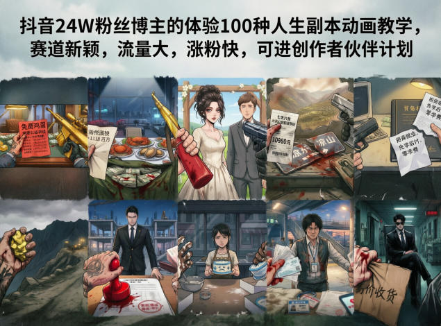 抖音24W粉丝博主的体验100种人生副本动画教学,赛道新颖,流量大,涨粉快,可进创作者伙伴计划-初遇资源网