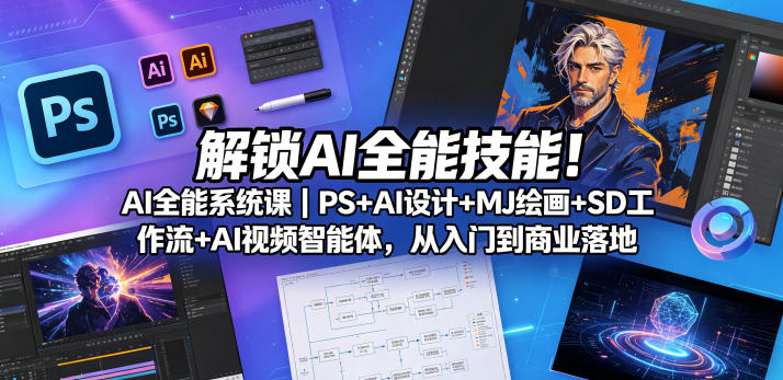 解锁AI全能技能!AI全能系统课|PS+AI设计+MJ绘画+SD工作流+AI视频智能体,从入门到商业落地-初遇资源网