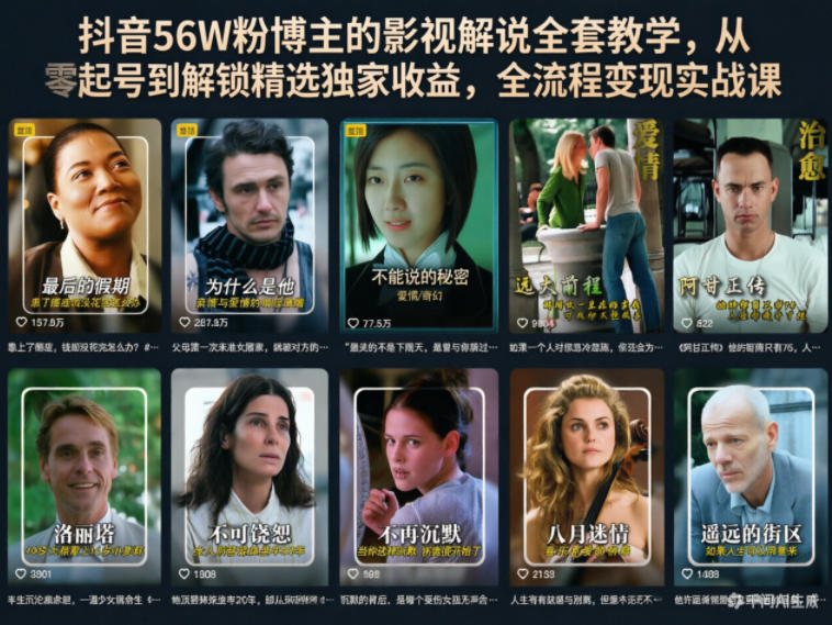 抖音56W粉博主的影视解说全套教学,从零起号到解锁精选独家收益,全流程变现实战课-初遇资源网