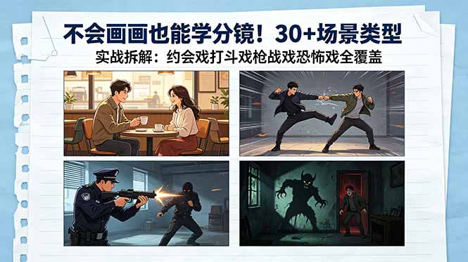 不会画画也能学分镜!30+场景类型实战拆解:约会戏打斗戏枪战戏恐怖戏全覆盖-初遇资源网