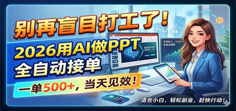 别再盲目打工了!2026用AI做PPT全自动接单,一单5张+,当天见效!-初遇资源网