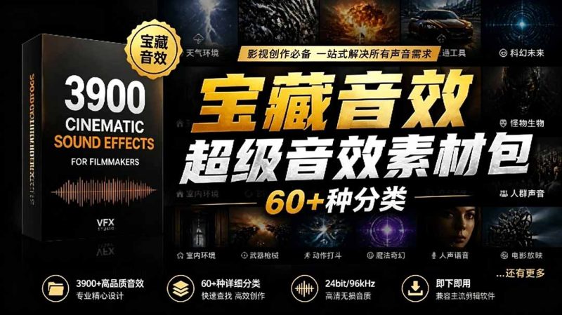 宝藏音效合集包!60+多种音效分类,共计3900个,分类清晰,全中文分类,高品质剪辑音效素材包-初遇资源网