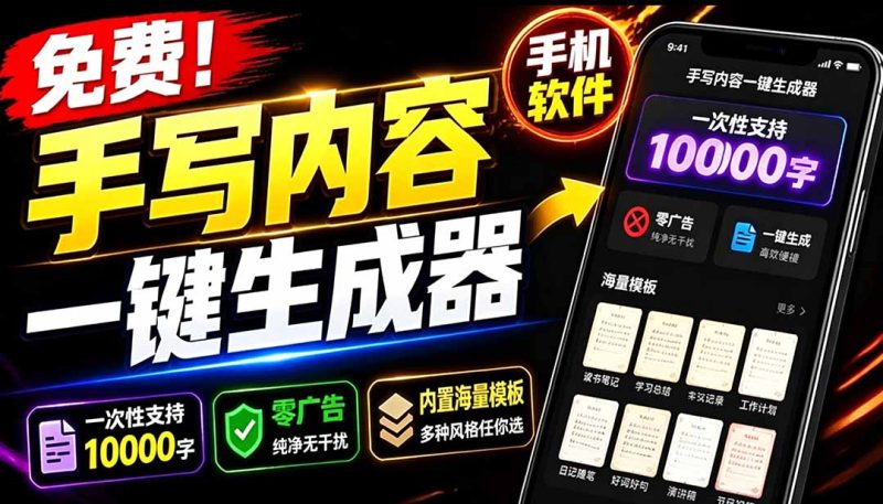 超逼真手写字体一键生成器,纯免费离线运行,一次性支持10000字,零广告,内置海量模板-初遇资源网