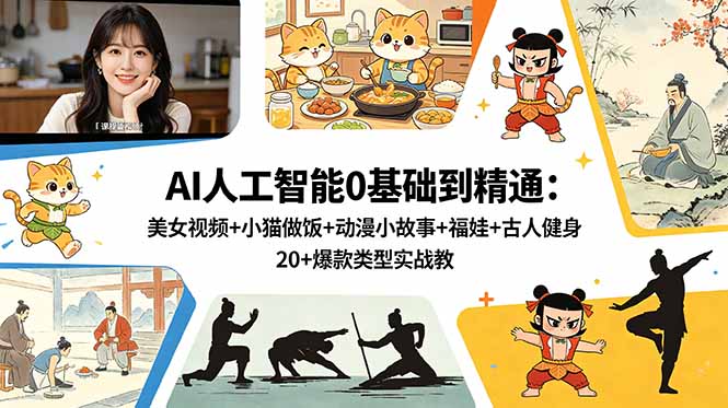 AI人工智能0基础到精通：美女视频+小猫做饭+动漫小故事+福娃+古人健身，20+爆款类型实战教学-初遇资源网