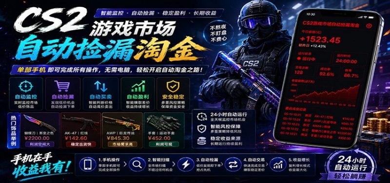 CSGO挂机捡漏项目通过利用游戏饰品交易机制,结合薄凉软件辅助捡漏,实现盈利-初遇资源网