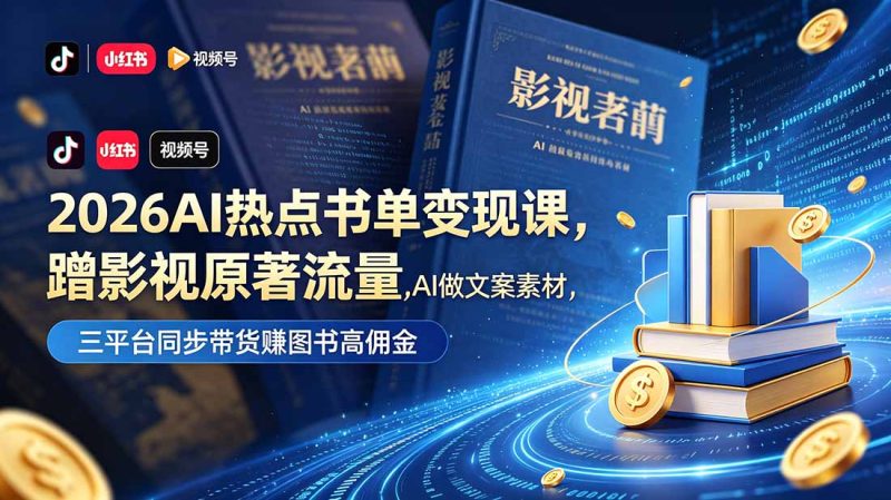 2026AI热点书单变现课,蹭影视原著流量,AI做文案素材,三平台同步带货赚图书高佣金-初遇资源网