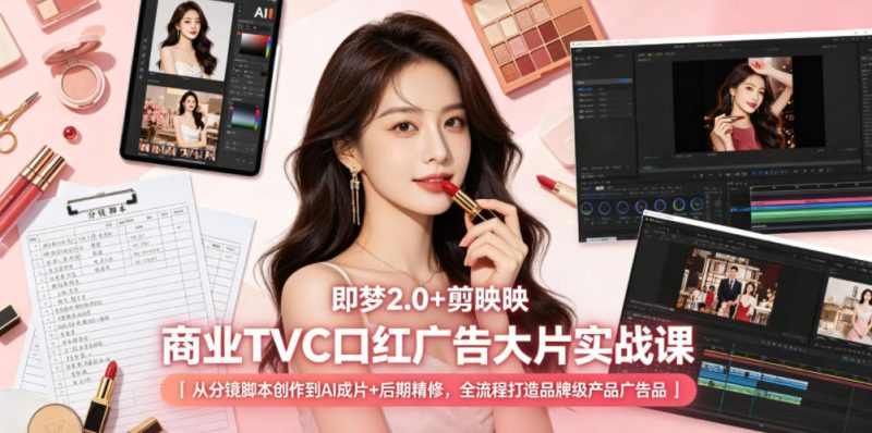 即梦2.0+剪映商业TVC口红广告大片实战课|从分镜脚本创作到AI成片+后期精修,全流程打造品牌级产品广告-初遇资源网