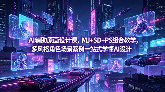 AI辅助原画设计课,MJ+SD+PS组合教学,多风格角色场景案例一站式学懂AI设计-初遇资源网