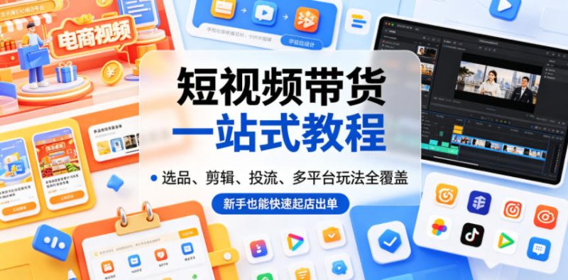 短视频带货一站式教程，选品、剪辑、投流、多平台玩法全覆盖，新手也能快速起店出单-初遇资源网