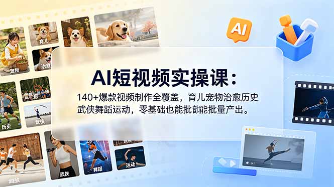 AI短视频实操课:140+爆款视频制作全覆盖,育儿宠物治愈历史武侠舞蹈运动,零基础也能批量产出-初遇资源网