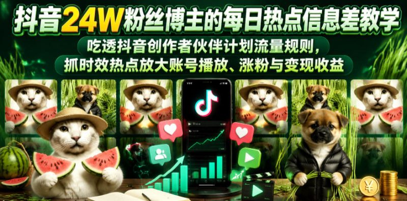 抖音24W粉丝博主的每日热点信息差教学，吃透创作者伙伴计划流量规则，抓时效热点放大账号播放、涨粉与变现收益-初遇资源网