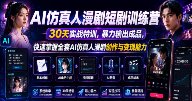 AI仿真人漫剧短剧训练营,30天实战特训,暴力输出成品,快速掌握全套AI仿真人漫剧创作与变现能力-初遇资源网