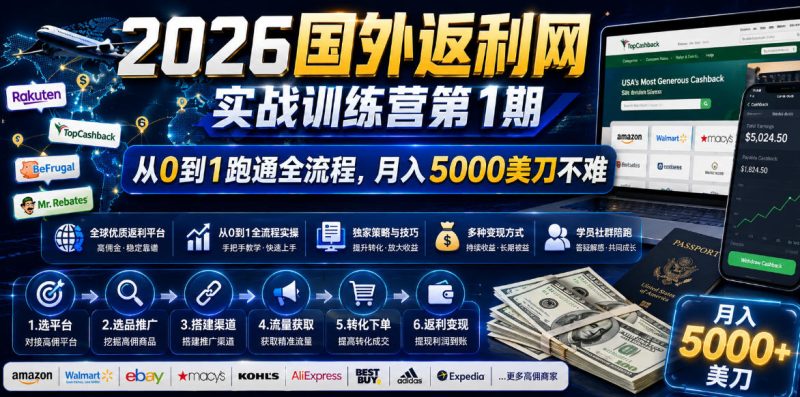 2026国外返利网实战变现营-第一期，从零拆解项目逻辑与流程，跑通完整变现链路，月入5000美金-初遇资源网