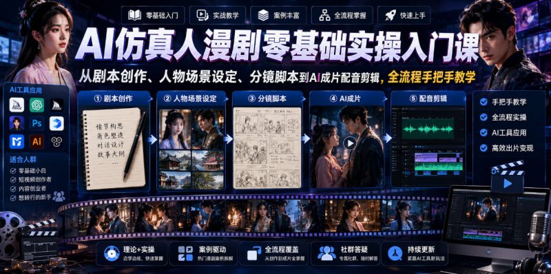 AI仿真人漫剧零基础实操入门课,从剧本创作、人物场景设定、分镜脚本到AI成片配音剪辑,全流程手把手教学-初遇资源网