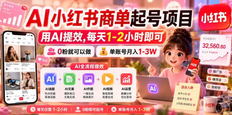 AI小红书商单起号项目,用AI提效,每天1-2小时即可,0粉就可以做,单账号月入1-3W-初遇资源网