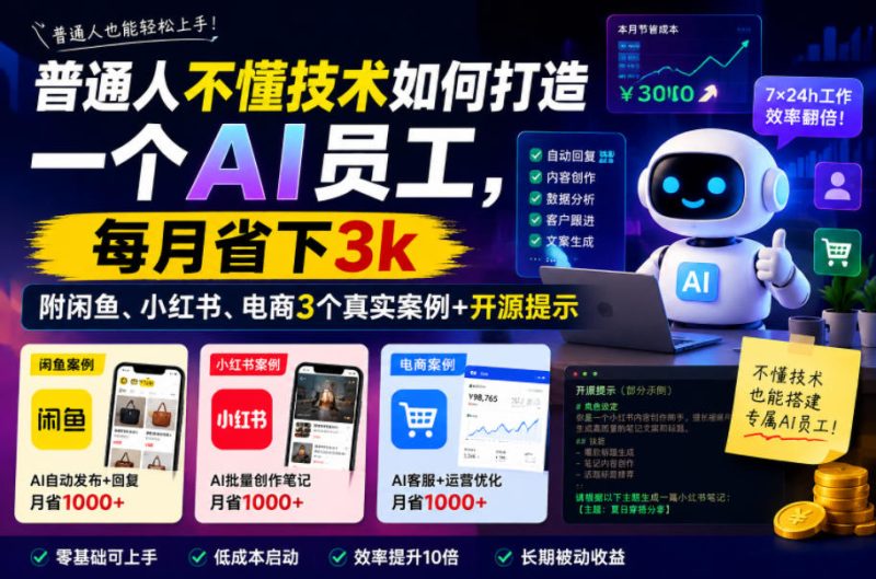 普通人不懂技术如何打造一个AI员工,每月省下3k,附闲鱼、小红书、电商3个真实案例+开源提示【文档】-初遇资源网