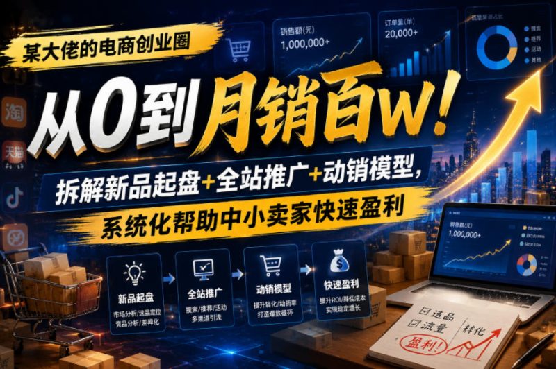 某大佬的电商创业圈从0到月销百W!拆解新品起盘+全站推广+动销模型,系统化帮助中小卖家快速盈利-初遇资源网