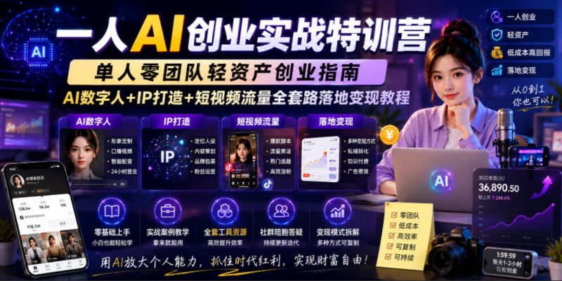 一人AI创业实战特训营,单人零团队轻资产创业指南,AI数字人+IP打造+短视频流量全套路落地变现教程-初遇资源网