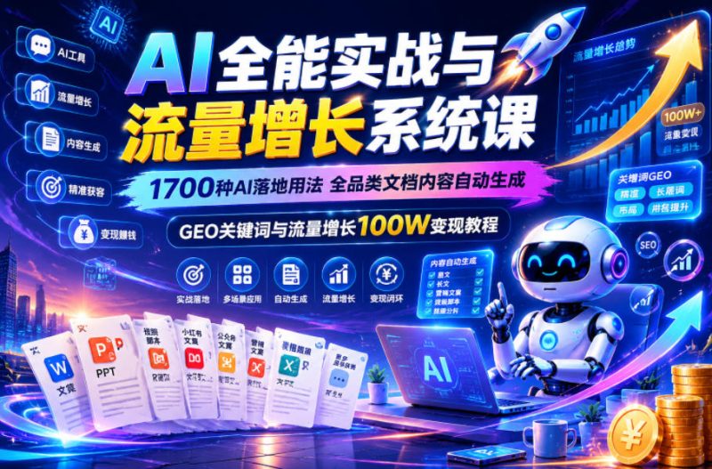 AI全能实战与流量增长系统课,1700种AI落地用法,全品类文档内容自动生成,GEO关键词与流量增长100W变现教程-初遇资源网