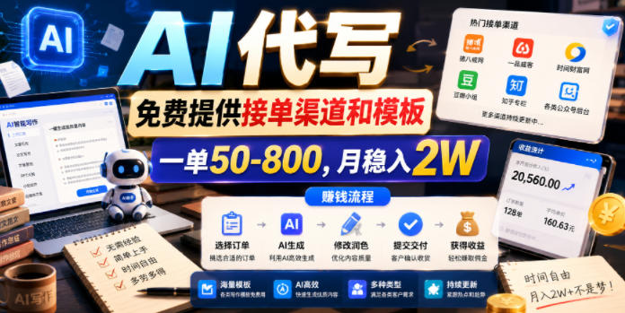 AI代写,免费提供接单渠道和模板,一单50-800,月稳入2W-初遇资源网